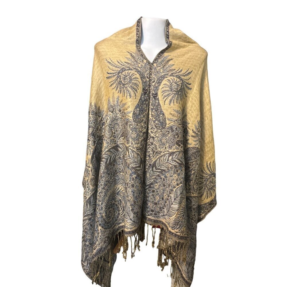 Women’s Paisley Floral Sweater Poncho Wrap Fringe Cape SMALL